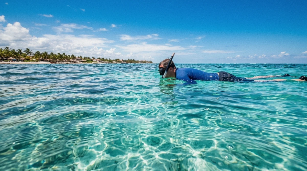 Calm clear turquoise water off Puerto Morelos in the December dry season, contrasted with sargassum-lined sand in summer, the best time to snorkel in Cancun