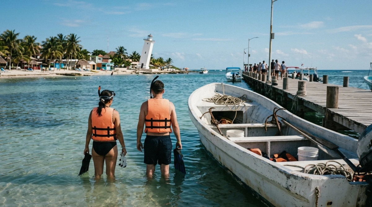 Snorkel gear and life jackets laid out at a Puerto Morelos dock check-in counter, part of the real cost of Cancun snorkeling tours