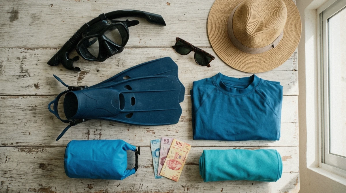 Snorkel mask, fins, rash guard and dry bag laid out for a Cancun snorkeling tour in Puerto Morelos