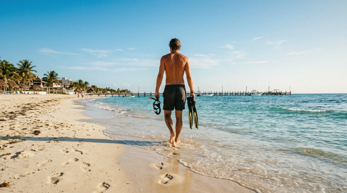 Traveler wading into the water for shore snorkeling in Cancun near Puerto Morelos without a tour